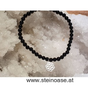 Armband Onyx + Blume d.Lebens, Silber 
